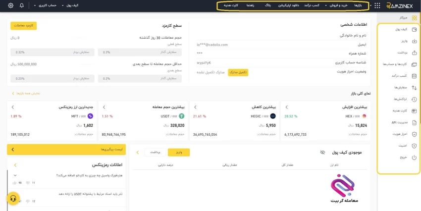 داشبورد صرافی رمزینکس